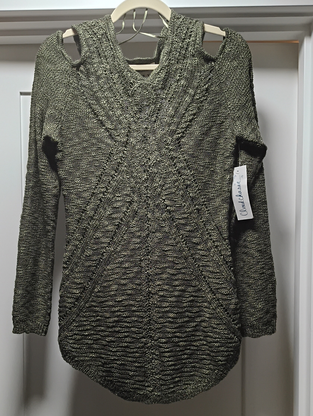 Cloud Chaser Olive Green Off-Shoulder Textured Knit Sweater